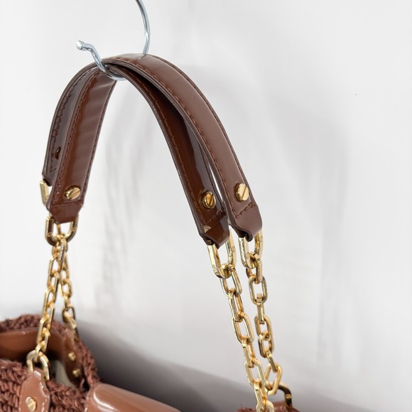 Tory Burch Woven Straw Tote Bag Gold Chain Patent Leather Trim Coastal Boho - Picture 6 of 9